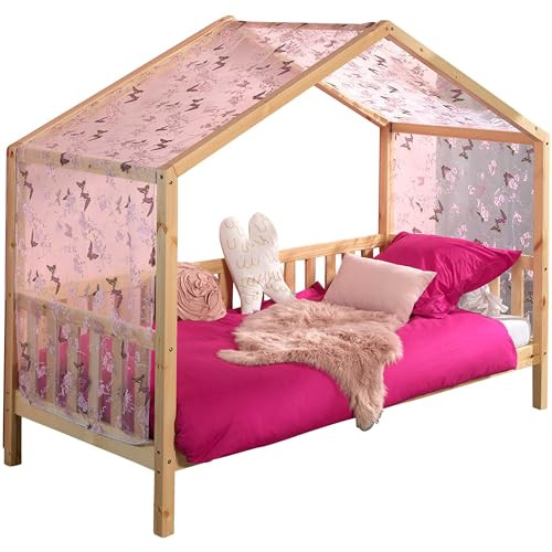 Vipack Dallas Huisbed met zijdelingse omranding en textielhemel, naturel, 90 x 200 cm
