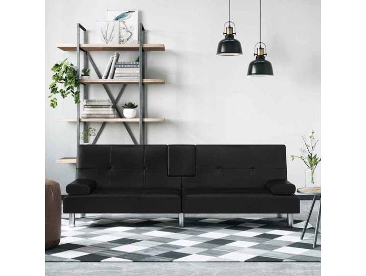 Canapé-lit porte-gobelets noir similicuir convertible avec porte-gobelets salon pratique design fonctionnel