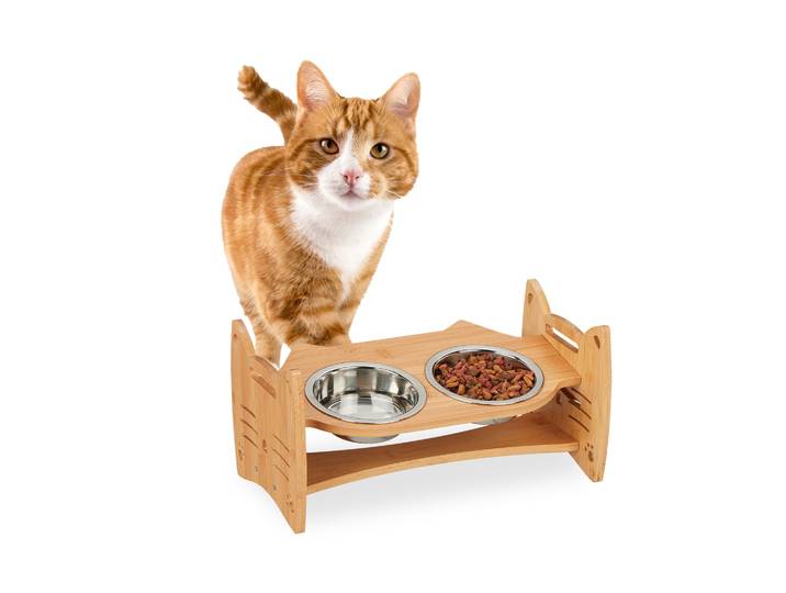Höhenverstellbare Futterstation Katze Hellbraun-Silber