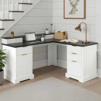 Kodotan sofa "59"" Modern Fluted L-Shaped Desk with Charging Station & Storage Cabinet Home Office Computer Desk with Monitor Stand"