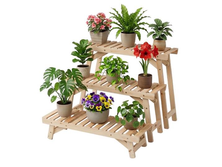 Relaxdays Blumenständer Natur 3er-Set Tannenholz 70x25 cm, Hellbraun, Holz, 70x49x25 cm, Dekoration, Blumen & Blumentöpfe