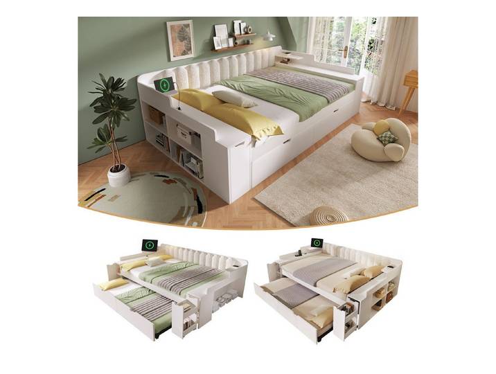 Flieks Holzbett, Kinderbett Daybett 140x200cm mit Ausziehbett vielem Stauraum Aufladen