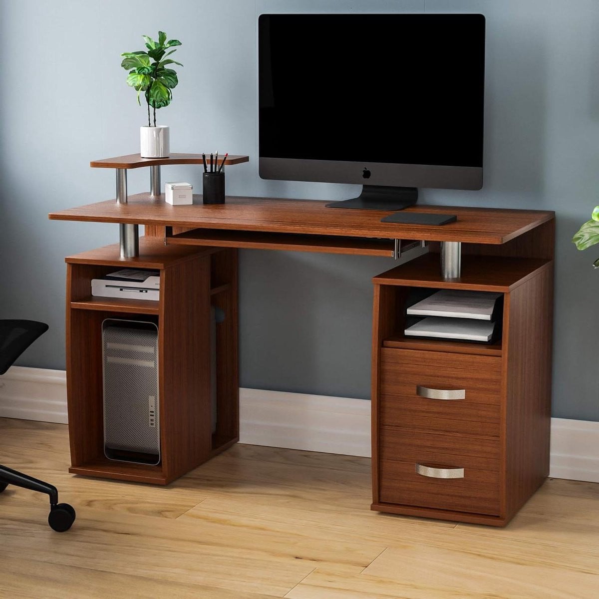 Computerbureau met toetsenbordlade en laden in notenhout, Breedte: 120 cm