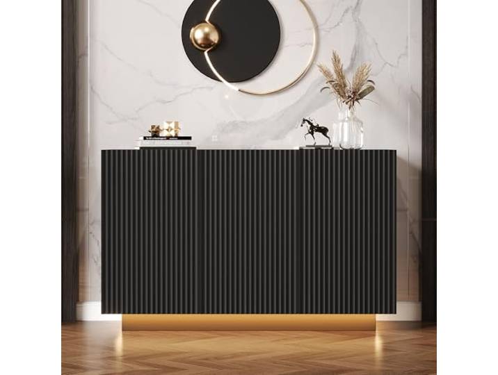 BTM LED Kommode Modern Design Sideboard mit Beleuchtung Schwarz Marmor Optik Smart Wohnzimmerschrank Bluetooth Steuerung Vertikale Streifen Anrichte 120cm Aufbewahrungsschrank