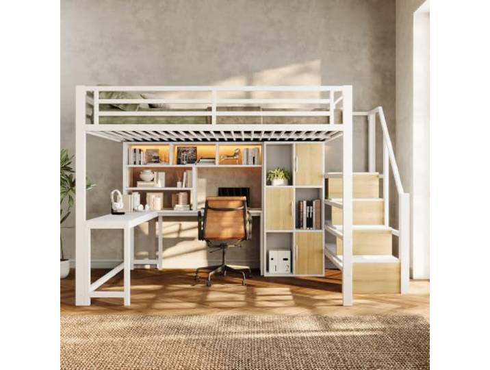 BTM Metall Hochbett Jugendliche 140x200 mit Schrank, Ablagefach, LED Weiß
