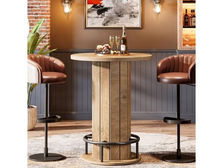 Tribesigns Runder Bartisch, 100,1 cm hoch, Holz, Bistrotisch mit Metallring-Fußstütze für Esszimmer, Kaffee, Cocktail, Wohnzimmer, kleiner Raum, Hellbraun (nur Tisch)