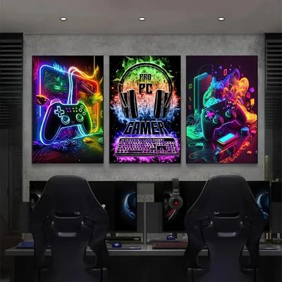 Inspired Finds Cyberpunk Gamepad Canvas Wall Art Set 3pcs Gaming Room Decor Posters For Boys & Gamers neon Gaming Console Glow 11.81x15.75in Unframed