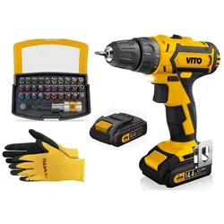 14.4V Bohrschrauber + 2 Lithium 2Ah Akkus + 32 Bits + Handschuhe + Ladegerät und Koffer VITO