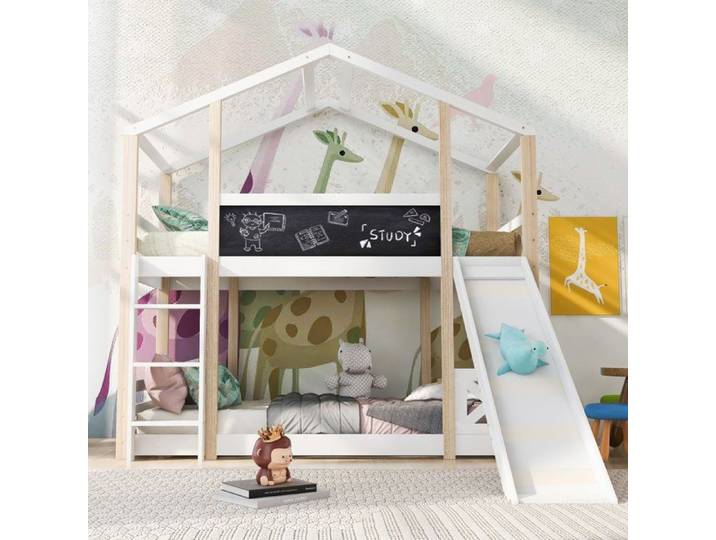Lit mezzanine enfant avec toboggan et échelle couchage 90x200 sécurité renforcée bois massif
