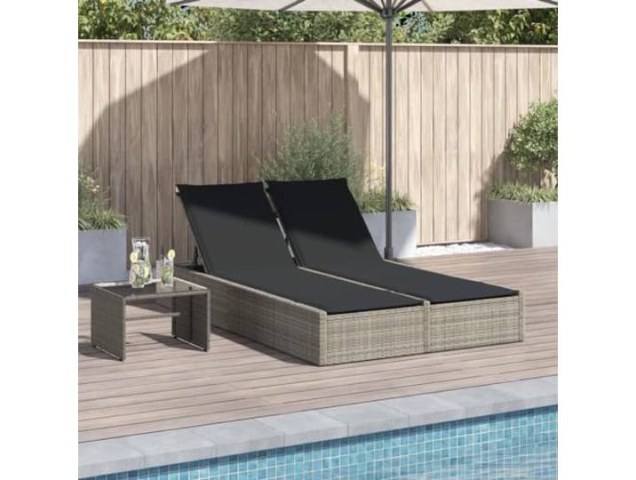 KTHLBRH Doppelliege mit Kissen Hellgrau Poly Rattan Verstellbar 3-fach verstellbar, abnehmbare Bezüge, waschbar, PE Rattan, Stahlrahmen pulverbeschichtet
