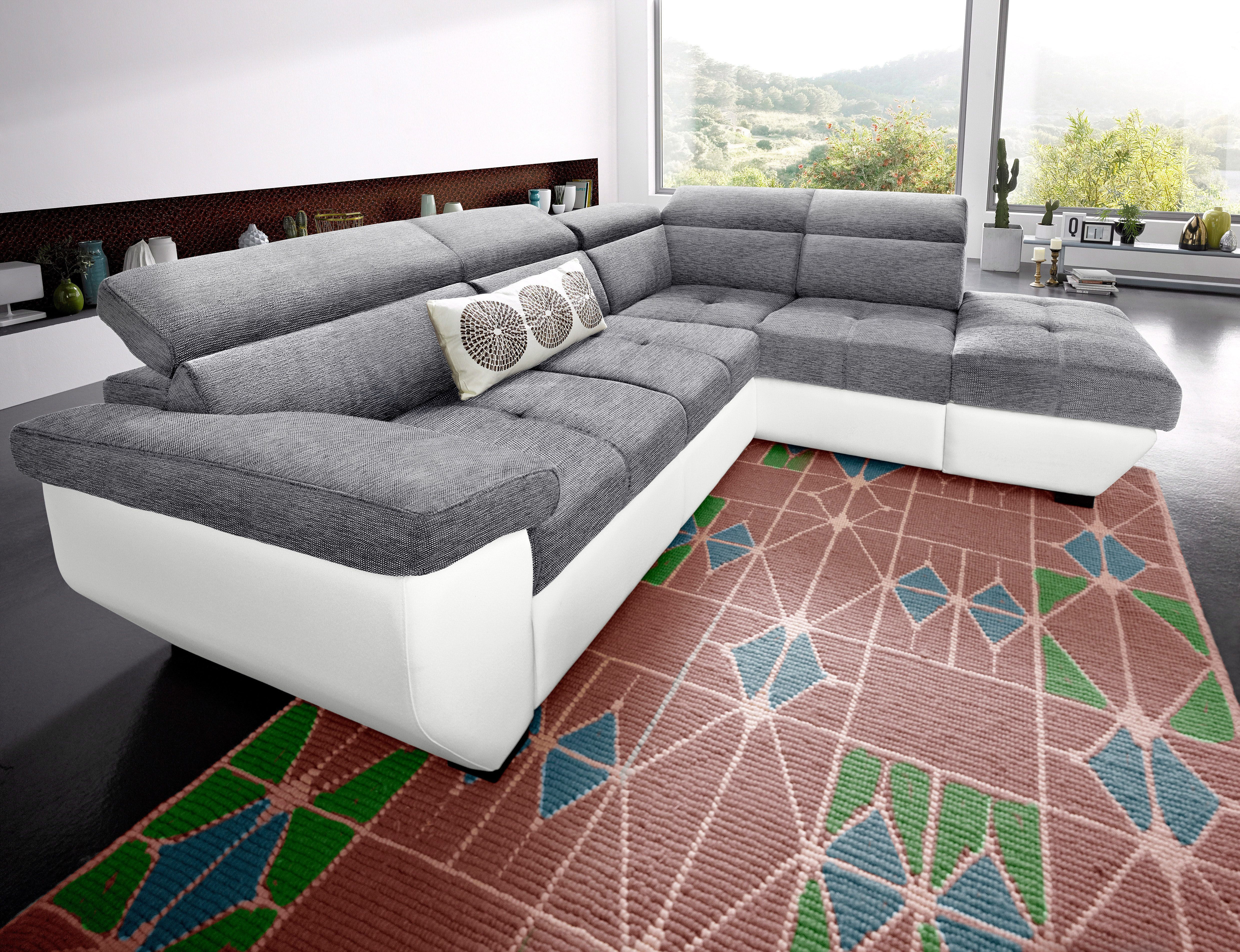 Ecksofa COTTA "Speedway L-Form, B: 262cm, moderne Couch, bequeme Wellenunterfederung", grau (weiß, grau), B:262cm H:79cm T:102cm, Kunstleder SOFTLUX / Struktur (100% Polyester);Edles Flachgewebe (100% Polyester) / Feine Struktur (100% Polyester);Kunstlede