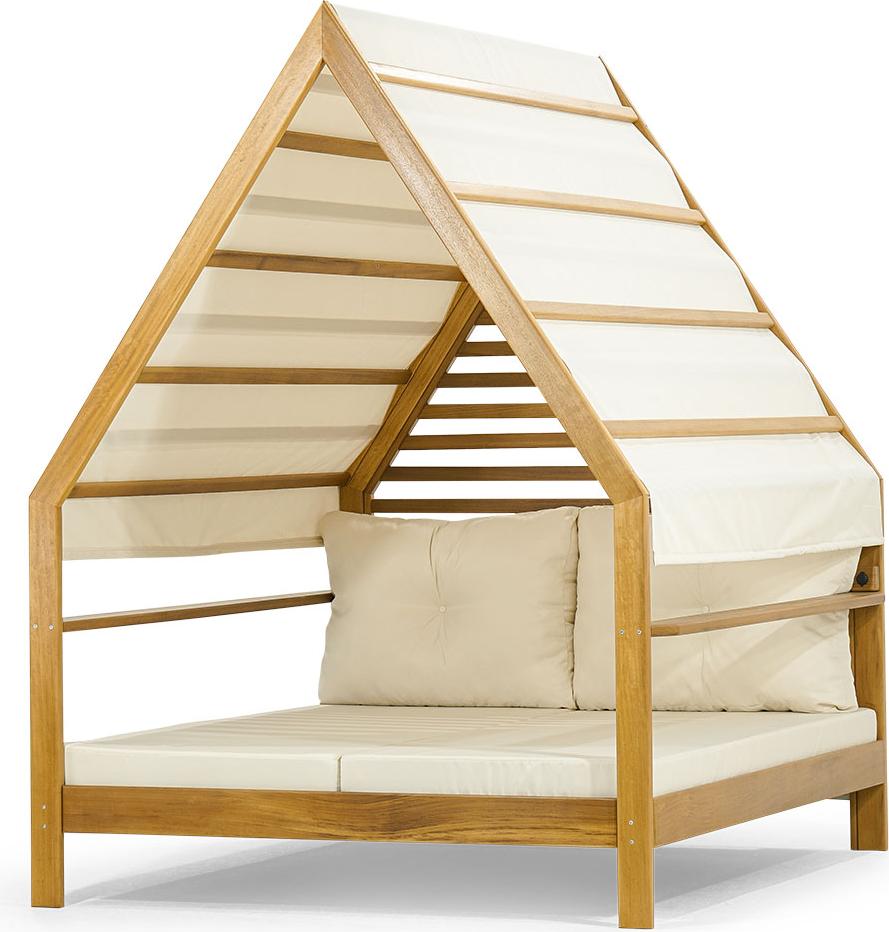 Hellbraune Designer Gartenliege Holz Sonnenliege Polster Doppelsitzer