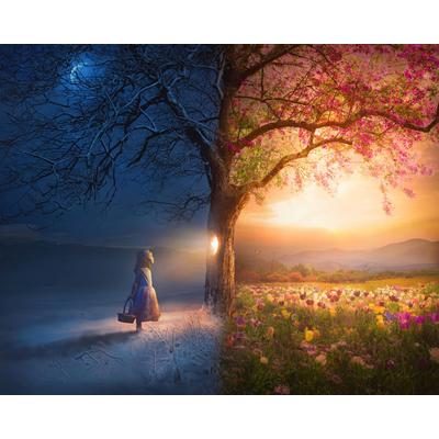 Fototapete PAPERMOON "MÄDCHEN U SOMMERWIESE-SURREAL FANTASIE ABSTRAKT DESIGN", bunt, B:4,5m L:2,8m, Vlies, Tapeten