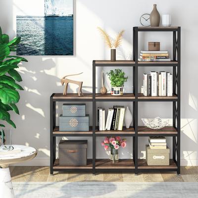 1Easylife Brown/ Black Industrial 12-shelf Ladder Bookshelf, White Modern 9 Cubes Stepped Etagere Display Bookcase