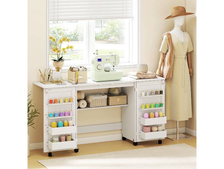 HOMCOM Table de Couture Pliante avec Étagères et Roulettes Blanc