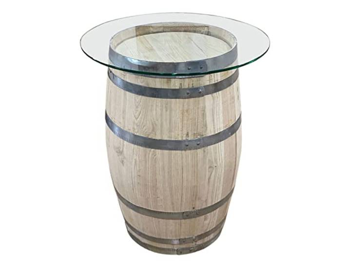 Temesso Holzfass, neues Fass aus Kastanienholz H 79cm als Bistrotisch - mit Glasplatte (Platte D: 60cm)