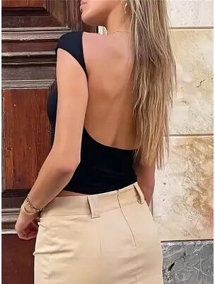 Daily Deals Depot Backless Baby Tee Crop Top For Women Summer Bodycon T Shirt black l