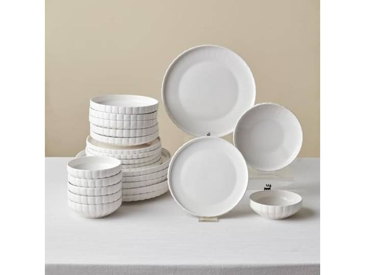 Karaca Stream Bone Pumpkin - Bone China Porzellan Geschirrset für 6 Personen Modern Teller Set 24-teilig mit Suppenteller, Dessertteller, Speiseteller und Pastateller, Tafelservice - Weiß