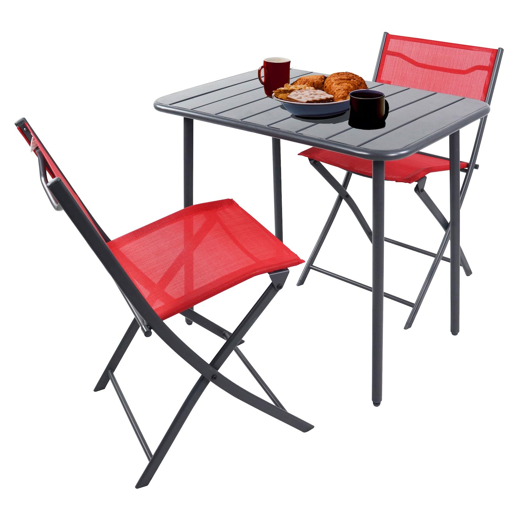 VCM 3-teilig Balkonmöbel Set, Gartentisch 80x55 cm mit 2 Klappstühlen, Metall & Textilene, wetterbeständig, platzsparend für Balkon & Terrasse, Sumila