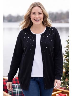 Plus Size Women's Perfect Long-Sleeve Cardigan Sweater by Woman Within in Black Rhinestones (Size 3X)