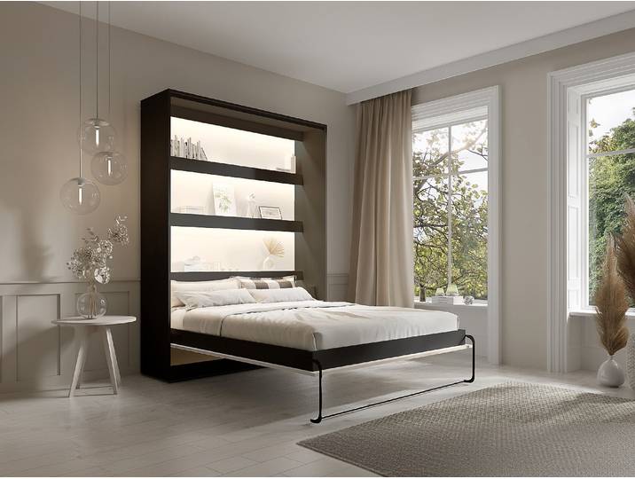 Schrankbett 160 x 200 cm - Manuelles vertikales Öffnungssystem - Mit LEDs - Schwarz und Beige + Matratze - RAPILI
