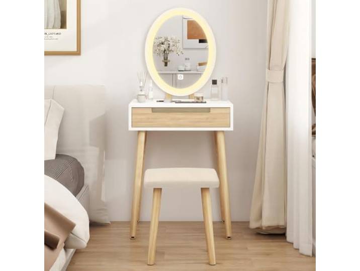 YU YUSING Schminktisch mit Beleuchtung,Frisiertisch mit LED Spiege Schubladen, Kosmetiktisch mit gepolstertem Hocker,Kommode Make-up Tisch, Modern