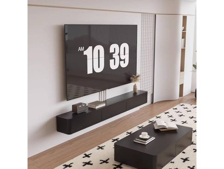 Schwebender TV-Ständer, modernes wandmontiertes Entertainment-Center Mit nach unten gerichteten Schranktüren, Massivholzfurnier hängend