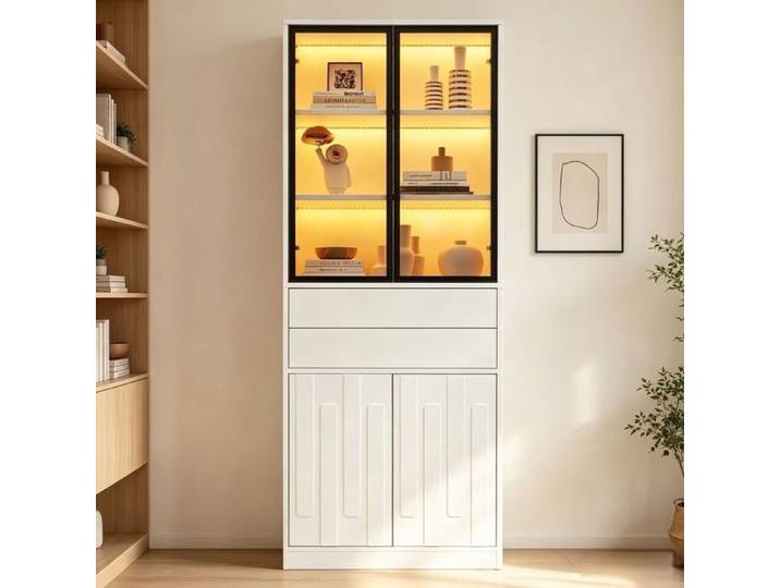 Vitrine Cuisine Armoire haute avec portes d'armoire en verre Blanc 70×34×180cm écran LED vitrine avec 2 tiroirs