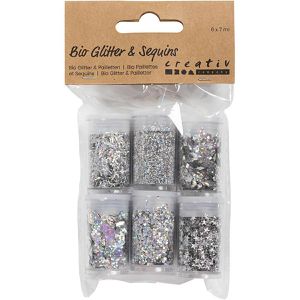 Creativ-Company 284673 Glitzer Bio Sparkles & Pailletten, silber, 6 verschiedene Formen je 8g, in Dose