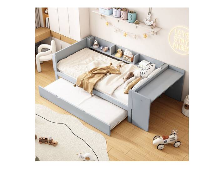 Furnishings Home Polsterbett Ausziehbett Holzbett Daybett Tagesbett (Mit Unterbett, Schreibtisch, drei Regale, Mit Unterbett, Schreibtisch, drei Regale), Schlafsofa, 90x200 cm + 90x180 cm
