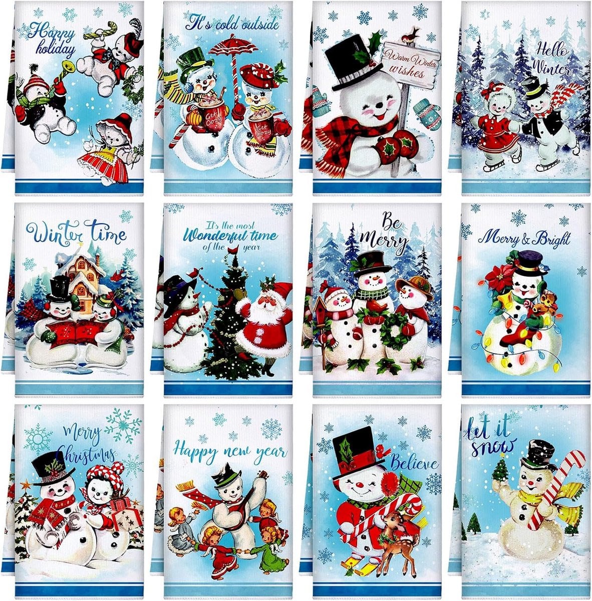 Set van 6 absorberende keukenhanddoeken met kerstthema sneeuwman in het blauw voor keuken en badkamer