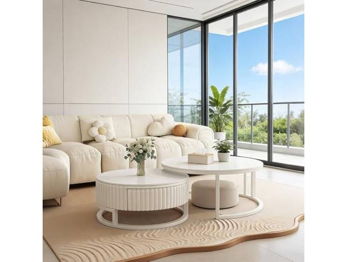 HRXQ Couchtisch Rund Weiss Runder Couchtische Marmor Mit Stauraum Für Schlafzimmer Wohnzimmer Stabiler Rahmen 50+70cm Nested Beistelltisch 2er Set Kaffeetisch