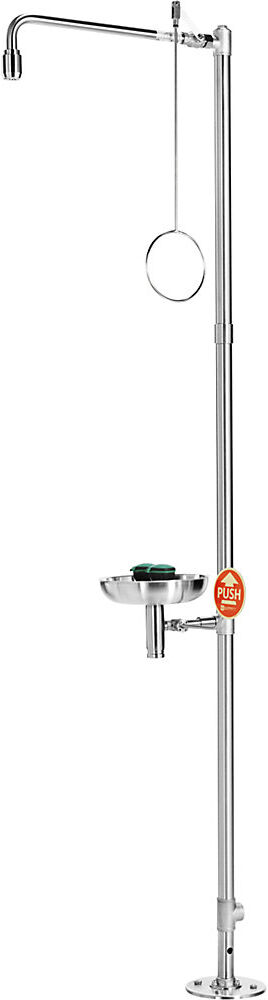 Körper-Notdusche PremiumLine, mit Augendusche und Auffangbecken, für Bodenmontage, Edelstahl B-SAFETY