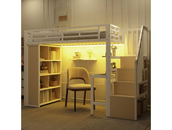 Lit mezzanine - KOMHTOM - 90x200 cm - Bureau intégré - LED intégrée - Escalier intégré