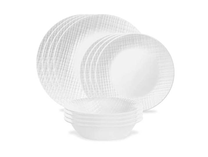 Corelle Geschirr-Set aus Leinengewebe, 12-teilig, Service für 4 Personen, 8 Teller, 4 Schüsseln, splitter- und bruchfest, Tafelgeschirr