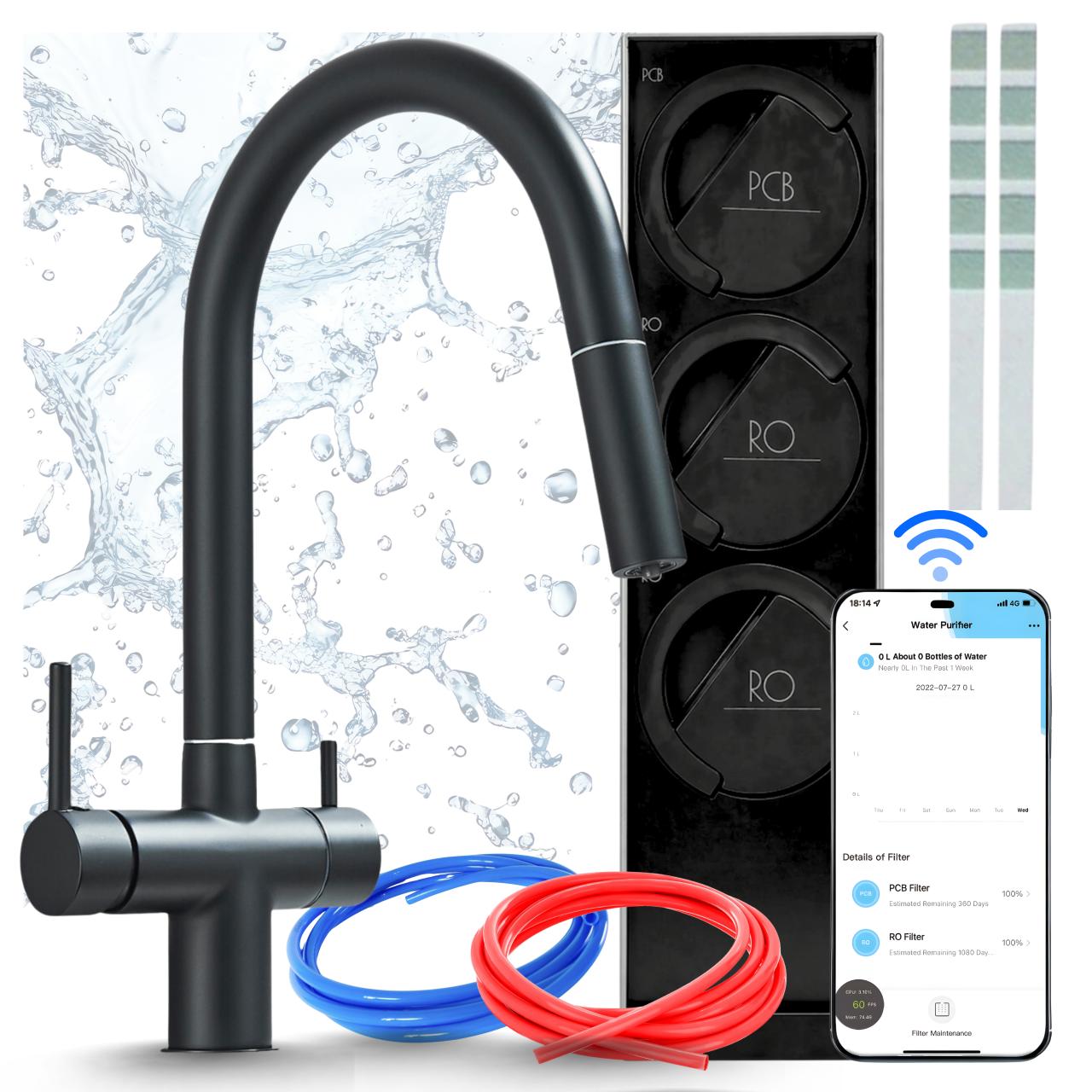 Küchenarmatur Mit Wasserfiltersystem Ari Slender, 800 Gpd Umkehrosmose Ro7, Wifi, Tanklos, Zweigriffarmatur, Keramikkartusche, Messing, Schwarz Matt