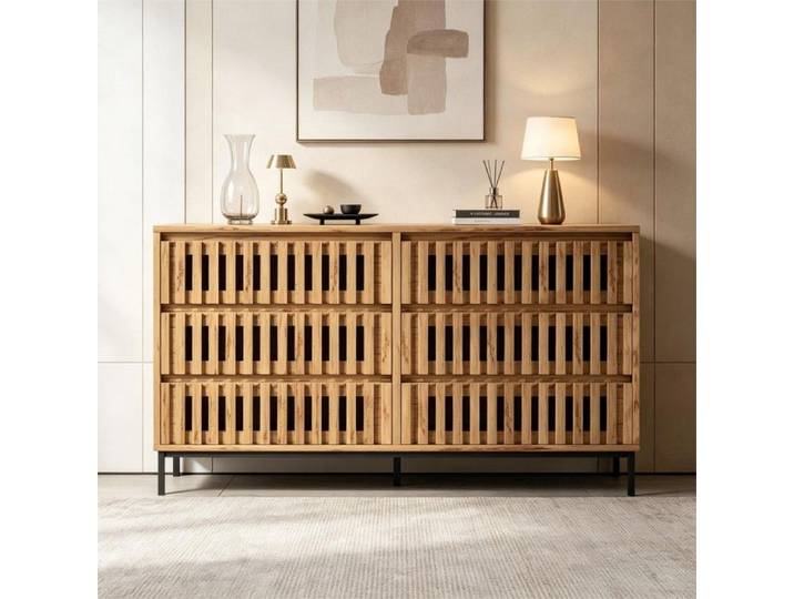 Buffet moderne commode avec 6 tiroirs armoire de rangement avec 5 pieds de support pour salon chambre couloir Bois 120x40x81cm
