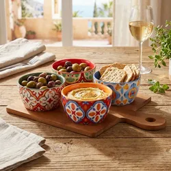 Edles 5-teiliges Servierset aus Steinzeug und Bambus: 4 bunte Dipschalen mit Tablett für Tapas, Snacks, Fingerfood, Party und Knabberzeug