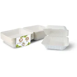 BIOZOYG 50 Stück weiße Speiseboxen, Menüboxen aus Zuckerrohr 22 x 18,5 x 7 cm Essen-To-Go-Boxen, Take Away Faltdeckelboxen, biologisch abbaubar