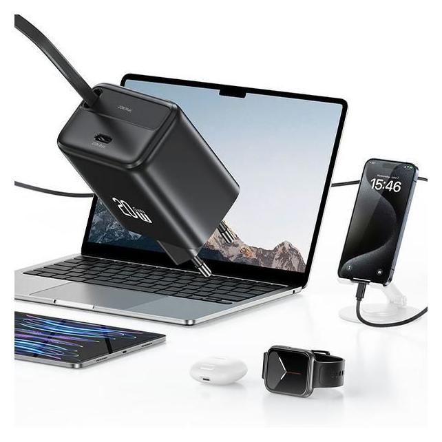 Usams Ład. siec. 1xUSB-C ze zwijanym kablem USB-C Retractable PD+QC 20W Gan Fast Charging czarny/bla (20 W, 2 Ports) (CC233TC01)