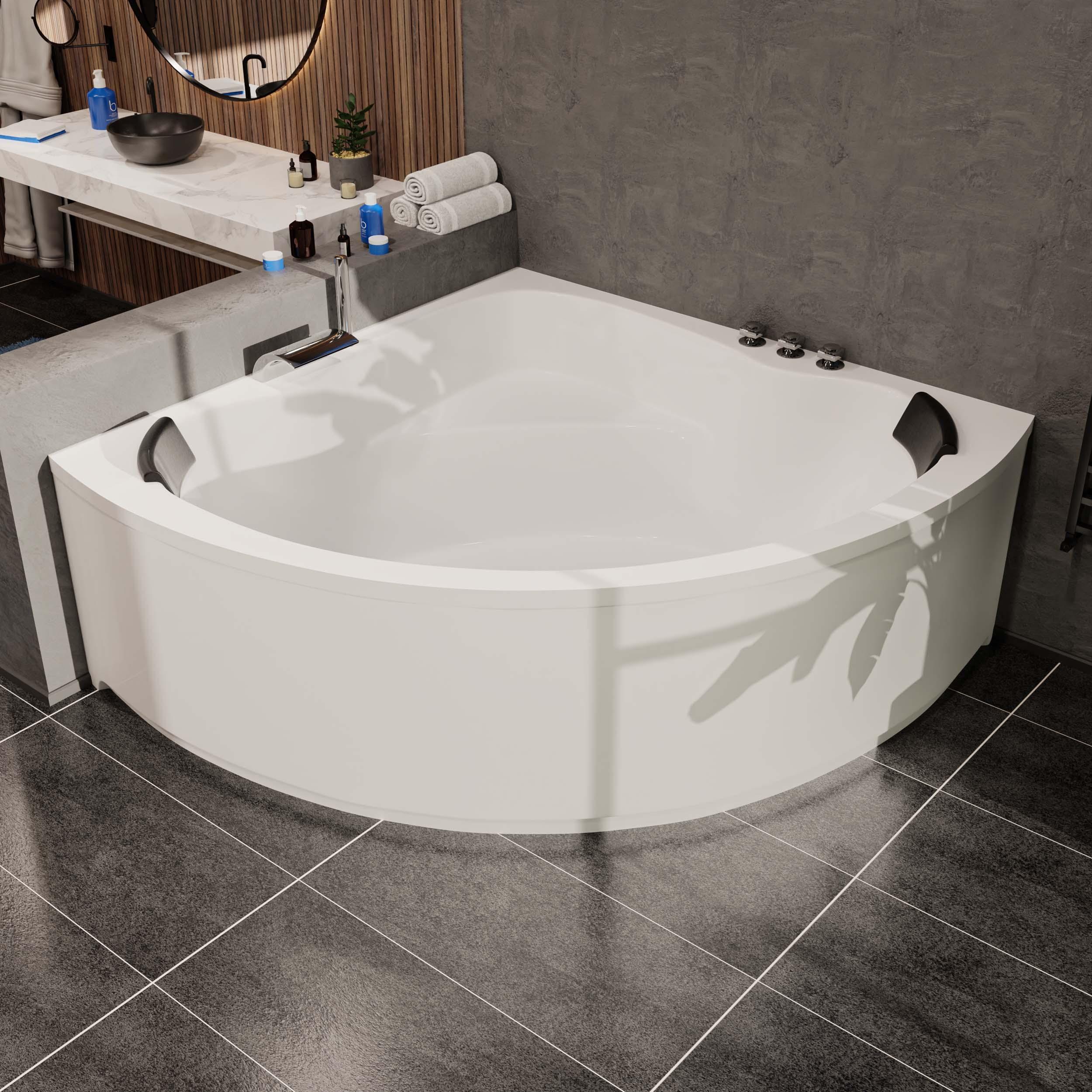 Aquade Acryl Eckbadewanne 140x140cm Koblenz & Wannenfüßen + Schürze + Ab-Überlaufgarnitur + Nackenkissen + Wannenrandarmatur