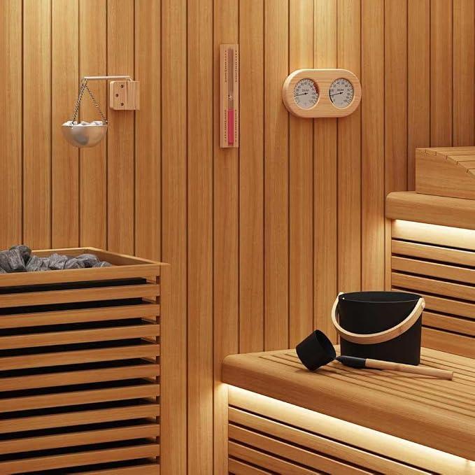 Sauna Zubehör Set 5-teilig Schwarz mit Aluminium Eimer, Holzgriff, Thermometer Hygrometer, Sanduhr und Aromaschüssel für Heimsauna Wellness und Entspannung