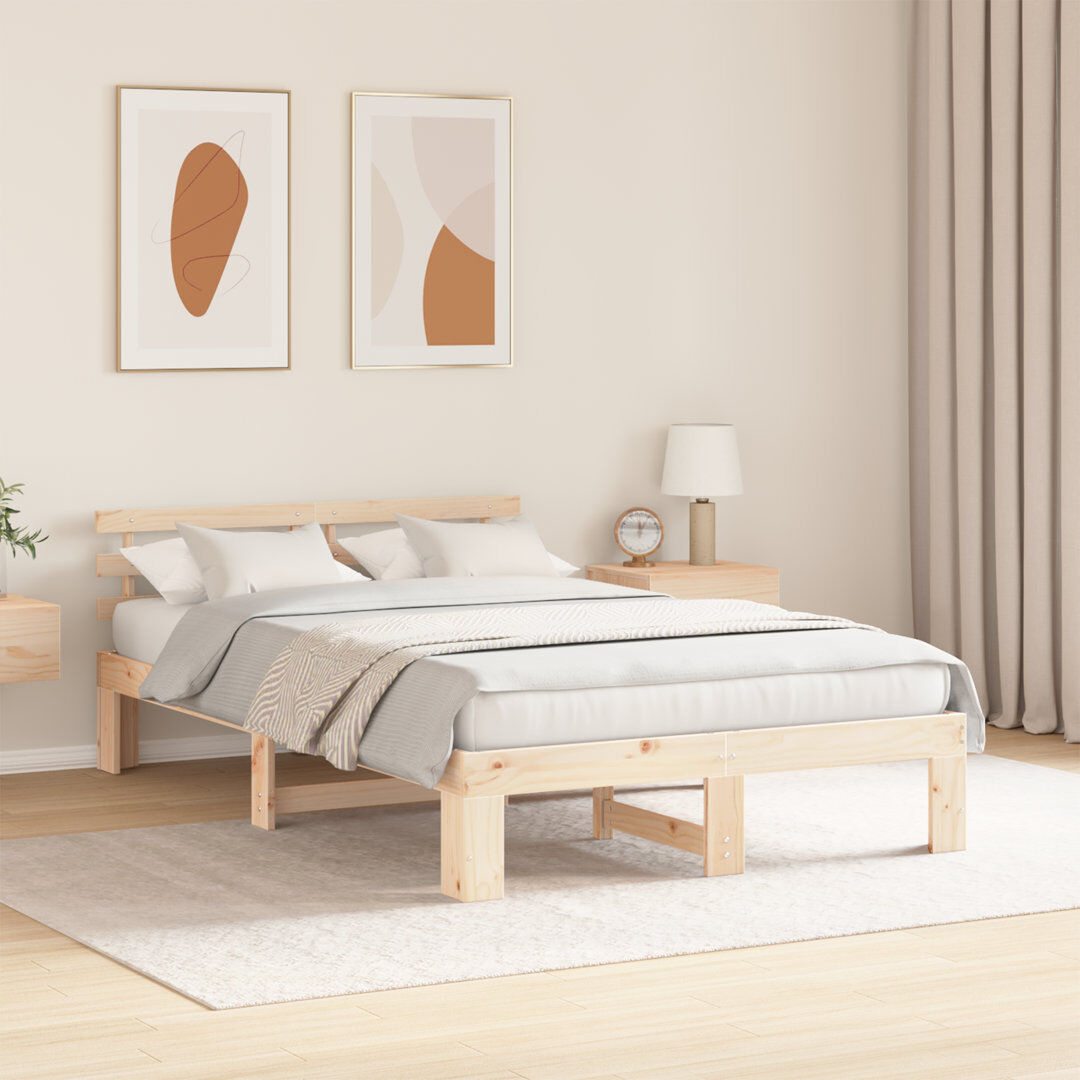 17 Stories Bed Frame with Headboard Solid Pine Wood Natural Double (4'6)