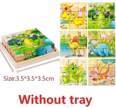 Useful Little Things Montessori Wooden Cube Puzzle Toy 9 Piece Six Sided Learning Blocks dinosaur (no Tray)