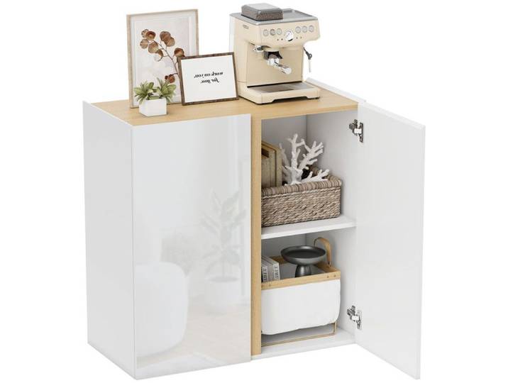 Buffet blanc laqué avec étagère réglable LAGOS blanc brillant et effet bois naturel