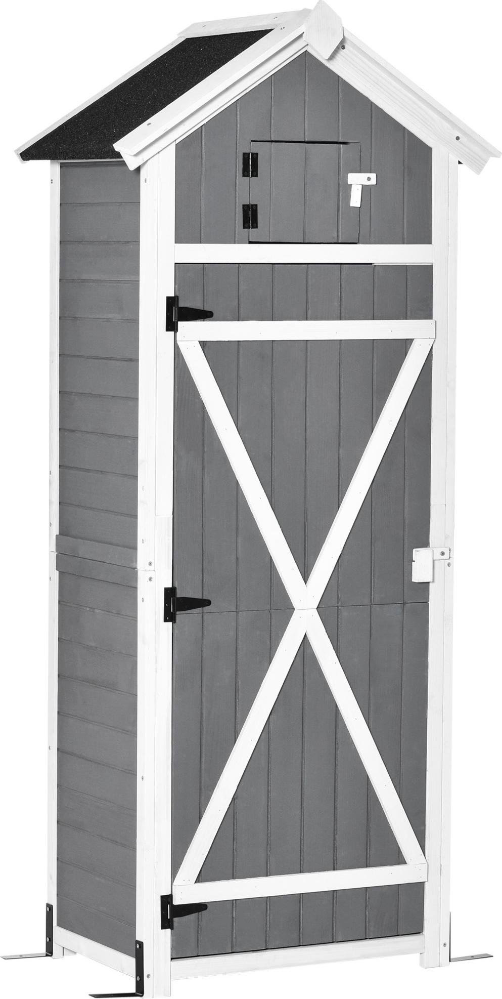 Gartenschrank Holz, Geräteschuppen wetterfest 78x52,5x182cm, Gerätehaus mit Tür, Satteldach, Geräteschrank mit Haken, faltbar Tisch, Werkzeugschrank Gartenschuppen für Garten, Terrasse, Grau