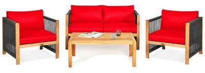 Costway 4 Pieces Acacia Wood Outdoor Patio Furniture Set with Cushions-Red