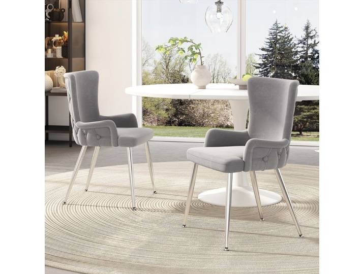 Lot de 2 Chaises de Salle à Manger luxueuse en Velours - Fauteuil de Salon Moderne - Chaise de Cuisine en Métal Argenté Gris