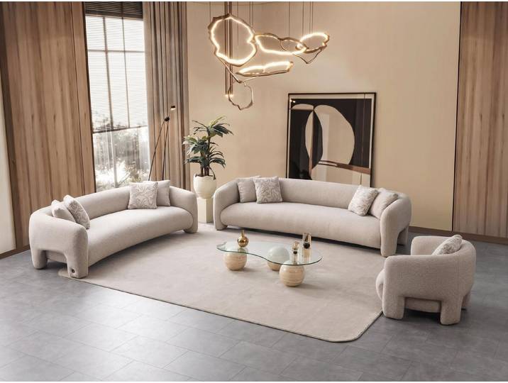 JVmoebel Polstergarnitur Elegantes Boucle Wohnzimmer Set Zwei Sofas und Sessel Creme, (0-tlg), Made in Europa