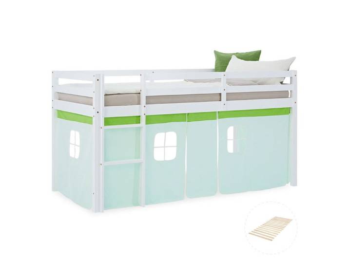 Lit mezzanine enfant 90x200 cm Blanc avec rideau Vert avec sommier